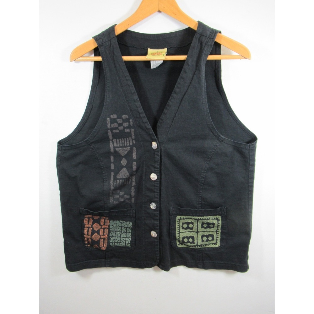Vintage 90s Blue Cactus Lagenlook Vest Women Large Black Geometric